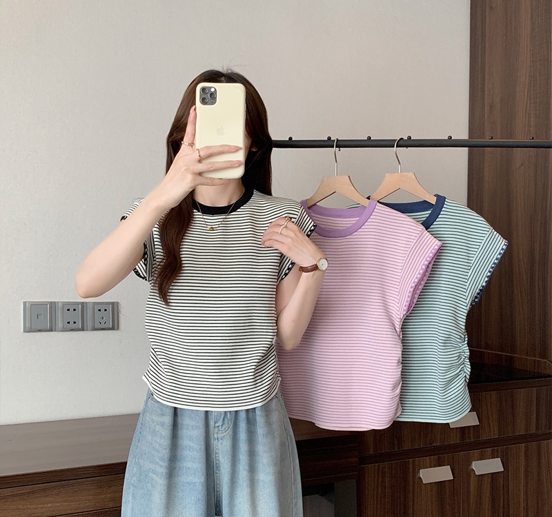 Short sleeve boats sleeve tops show young stripe T-shirt
