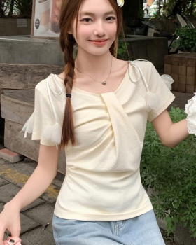 France style pinched waist T-shirt flowers tops for women
