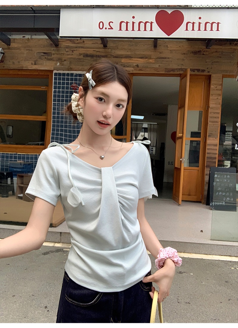 France style pinched waist T-shirt flowers tops for women