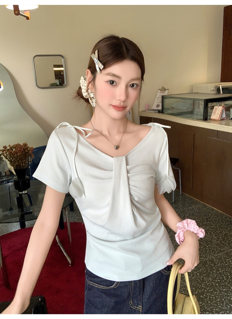 France style pinched waist T-shirt flowers tops for women
