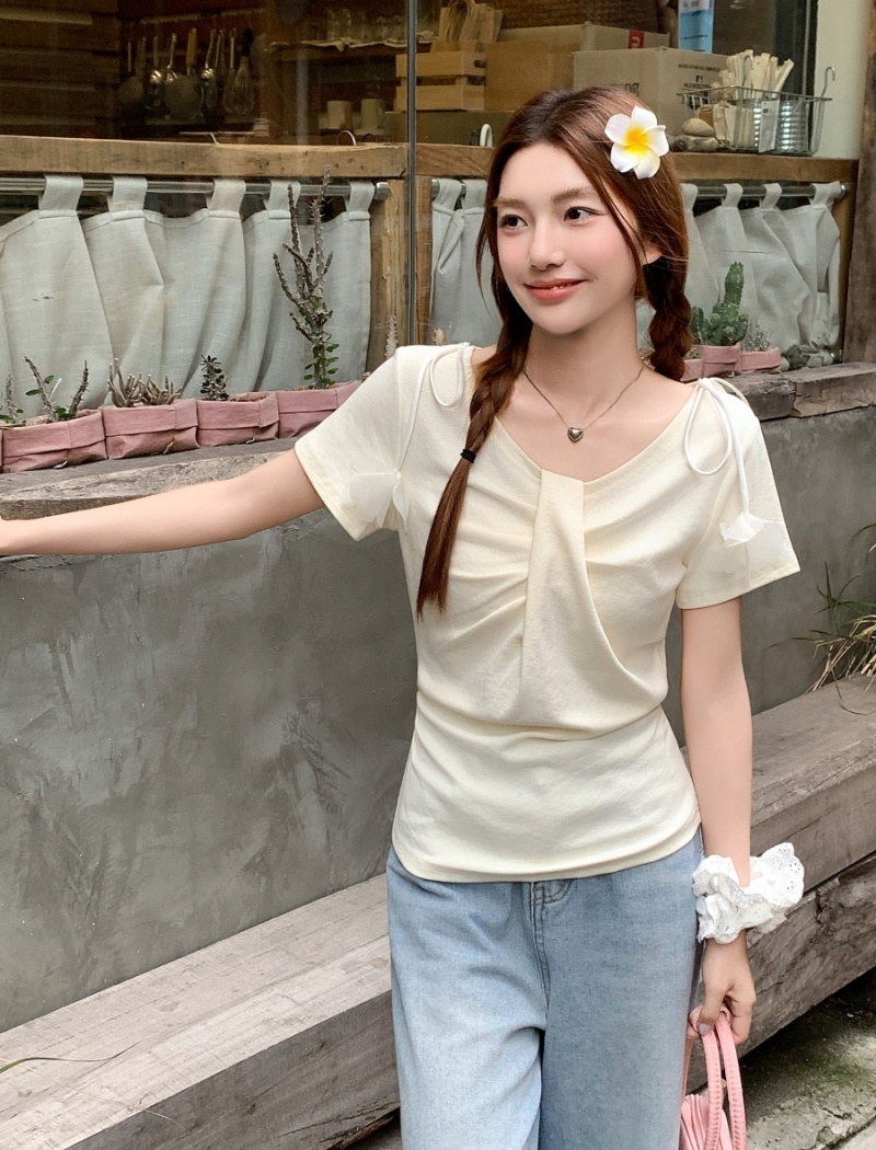 France style pinched waist T-shirt flowers tops for women