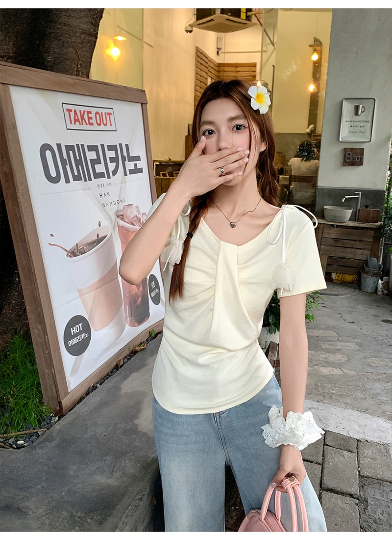 France style pinched waist T-shirt flowers tops for women