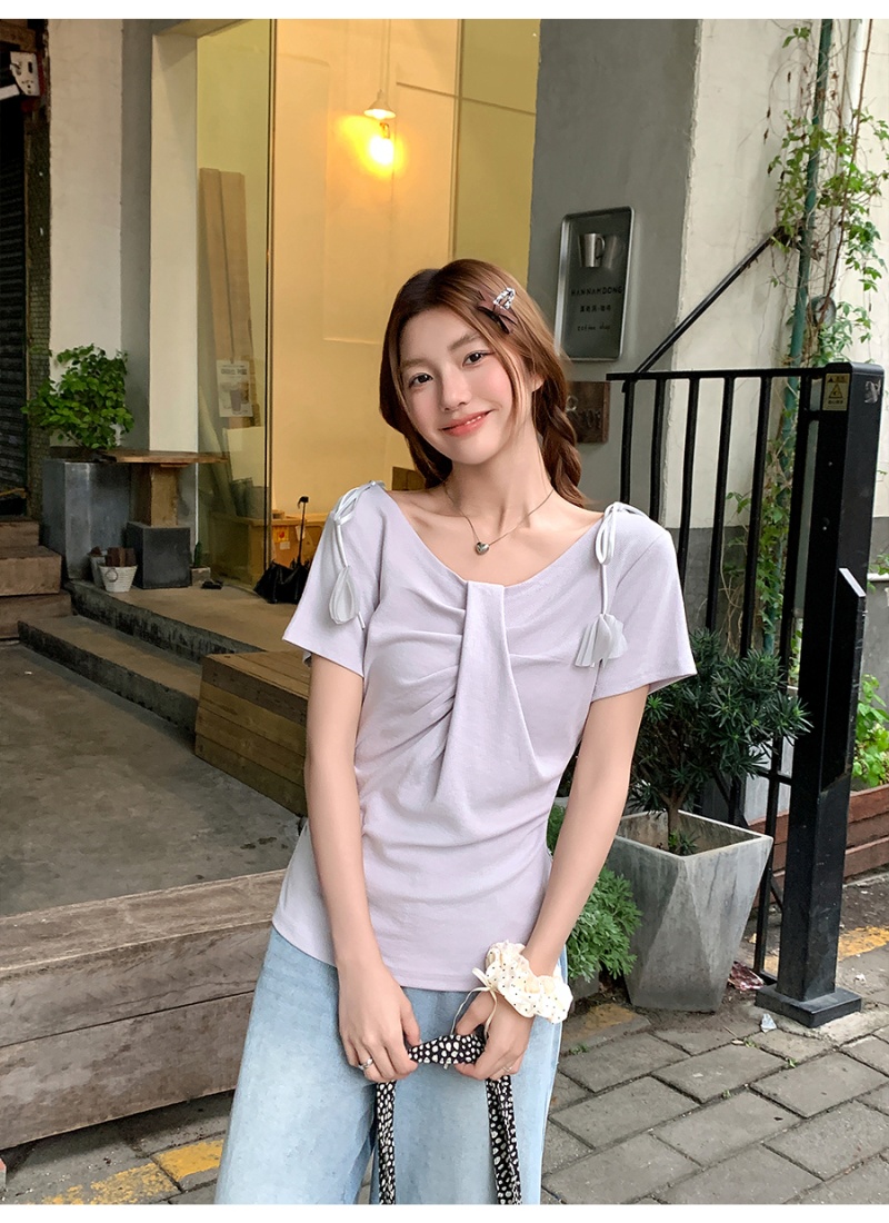 France style pinched waist T-shirt flowers tops for women
