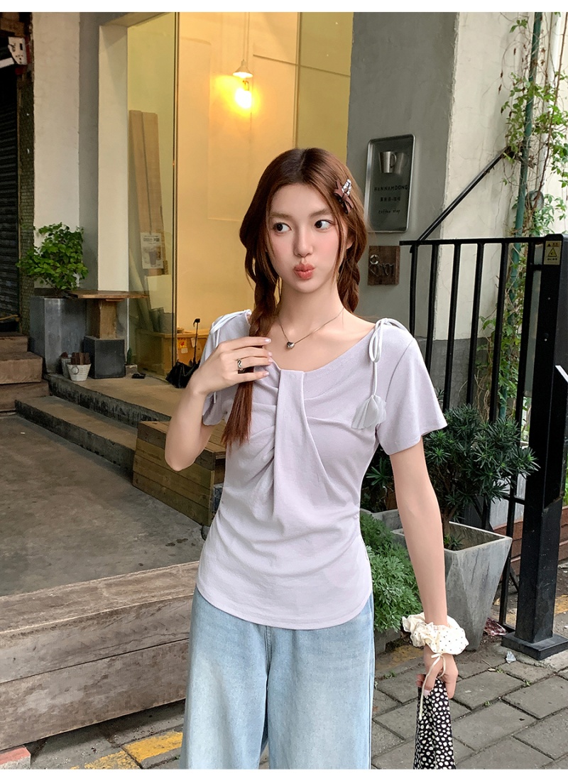 France style pinched waist T-shirt flowers tops for women