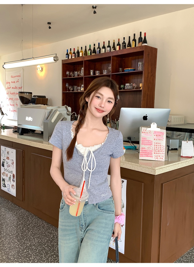 Slim short summer T-shirt bow frenum small shirt