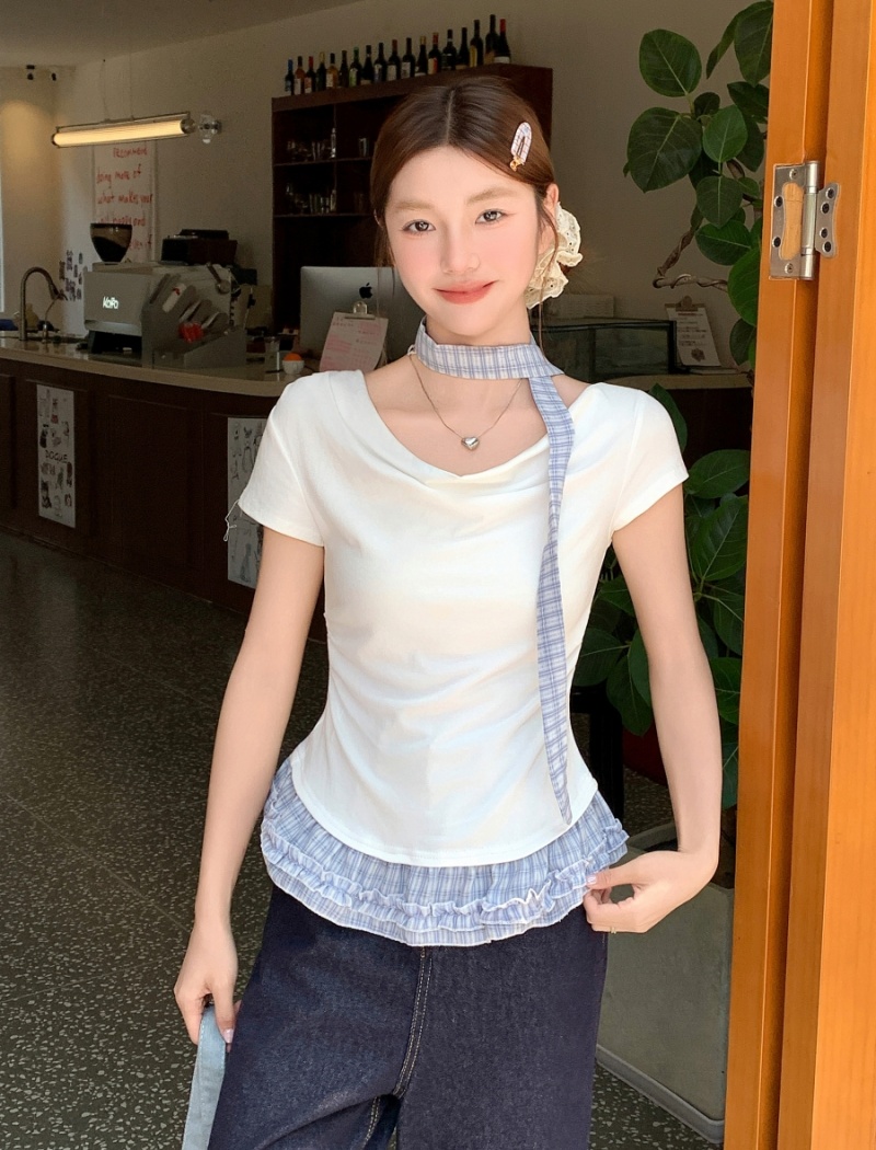Flat shoulder short tops oblique collar T-shirt for women