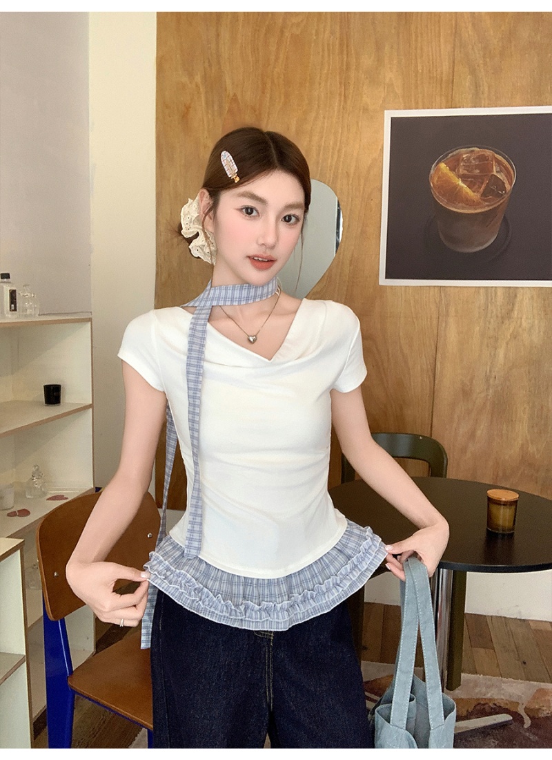 Flat shoulder short tops oblique collar T-shirt for women