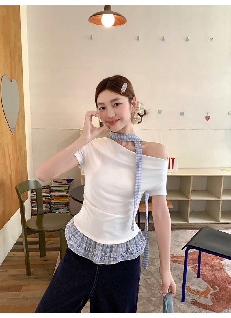 Flat shoulder short tops oblique collar T-shirt for women