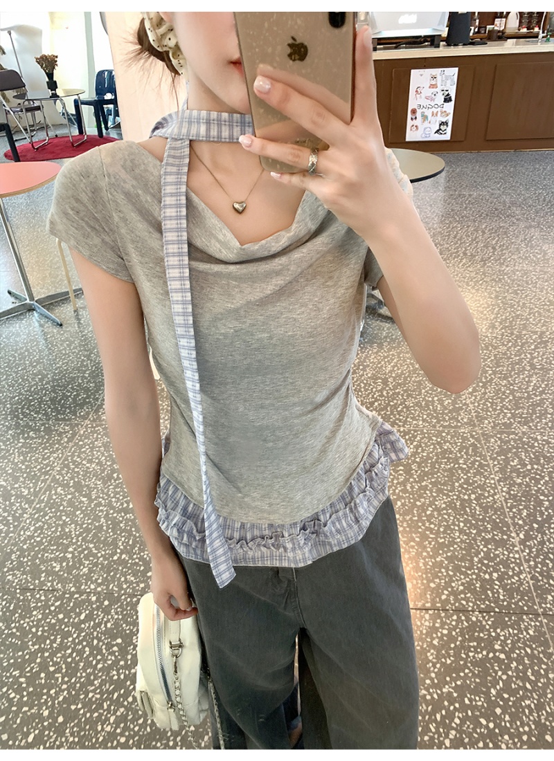 Flat shoulder short tops oblique collar T-shirt for women