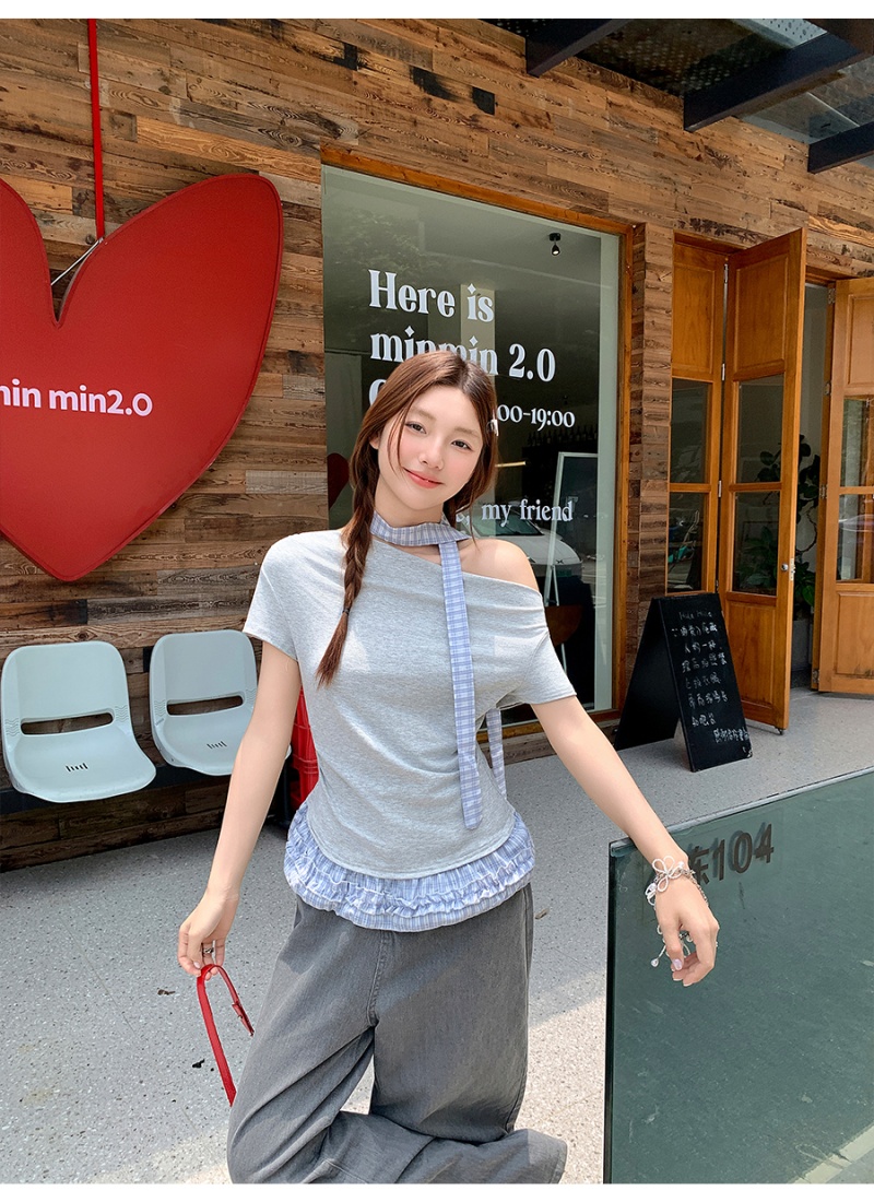 Flat shoulder short tops oblique collar T-shirt for women