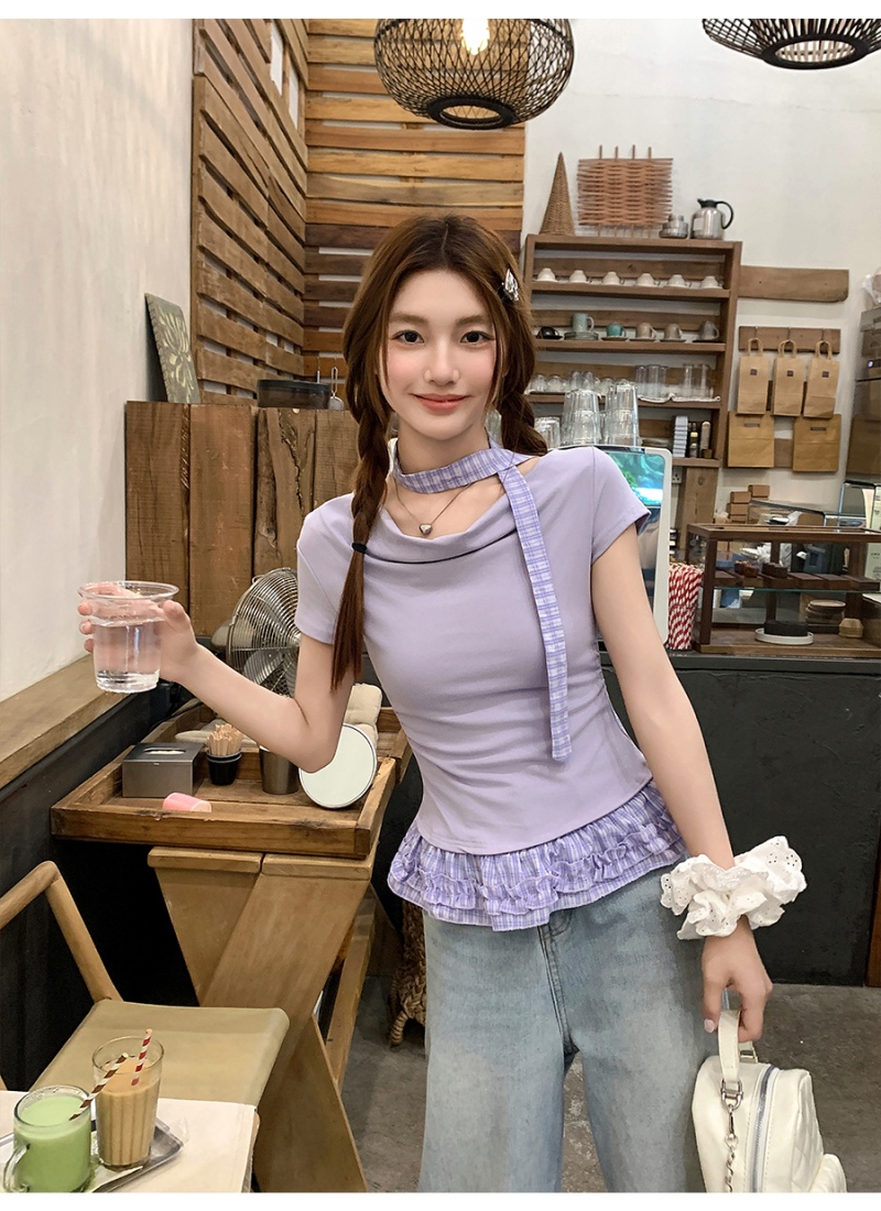 Flat shoulder short tops oblique collar T-shirt for women