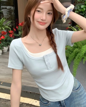 Summer Pseudo-two tops pinched waist T-shirt for women