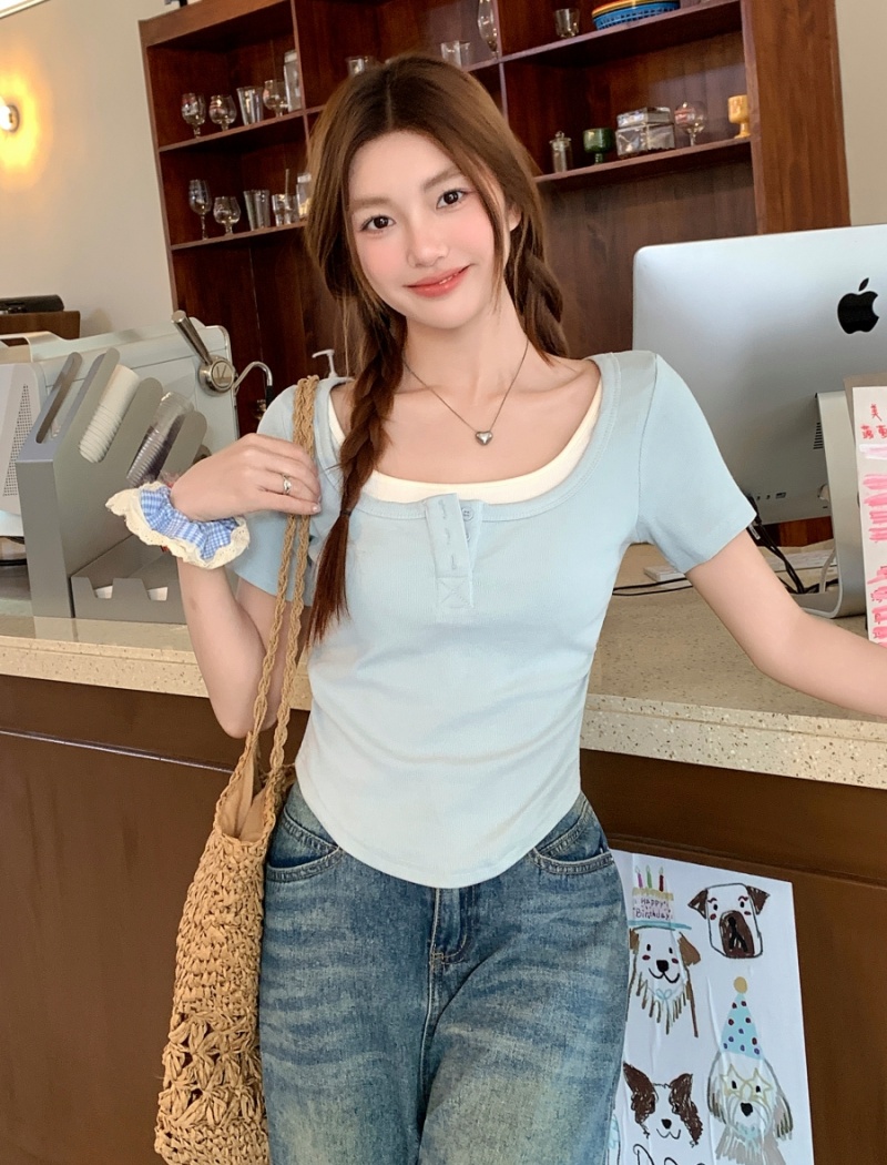 Summer Pseudo-two tops pinched waist T-shirt for women