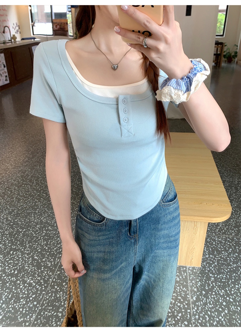 Summer Pseudo-two tops pinched waist T-shirt for women