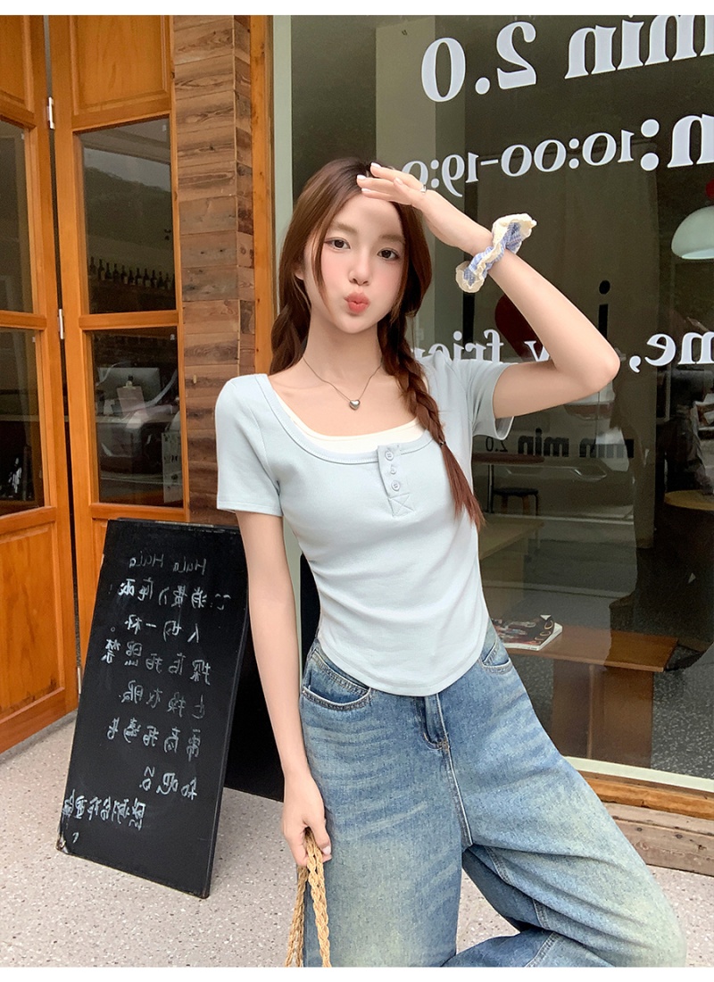 Summer Pseudo-two tops pinched waist T-shirt for women