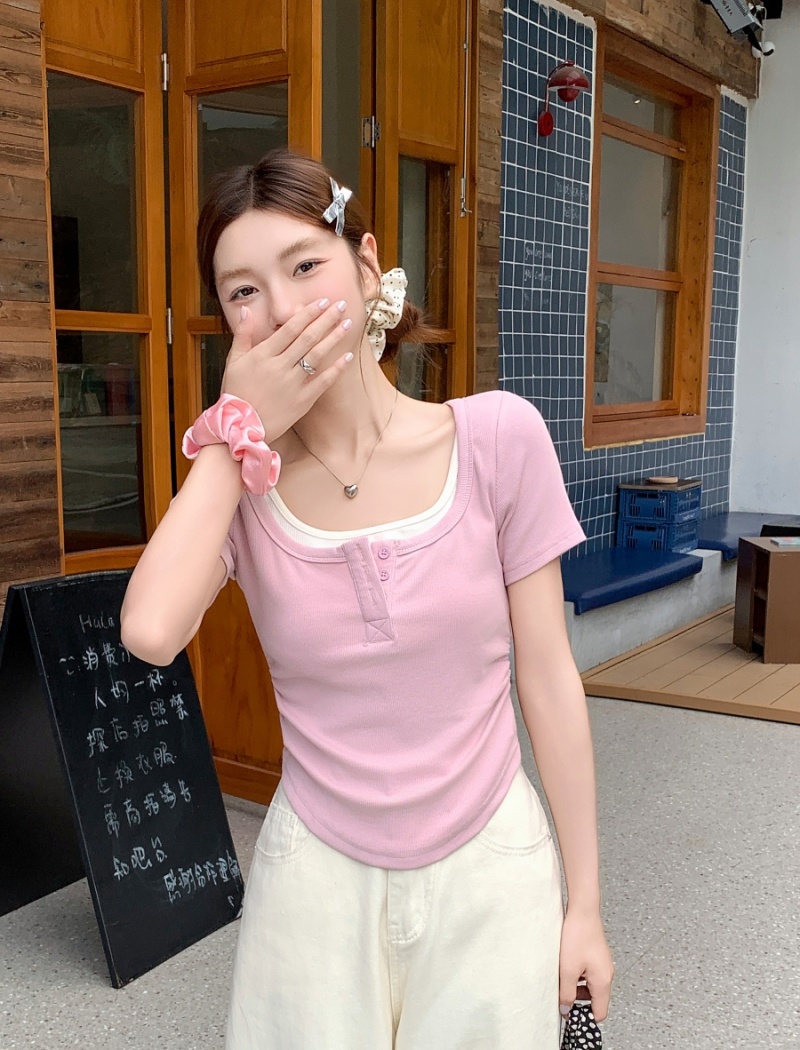 Summer Pseudo-two tops pinched waist T-shirt for women