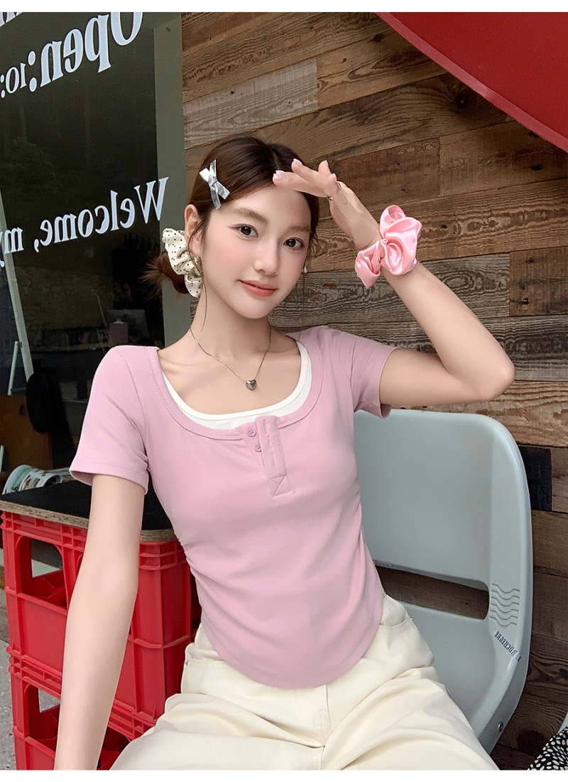 Summer Pseudo-two tops pinched waist T-shirt for women