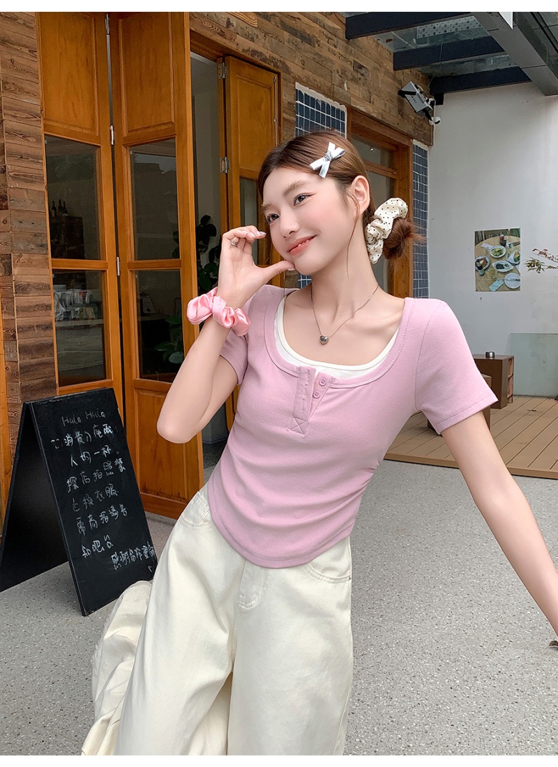 Summer Pseudo-two tops pinched waist T-shirt for women