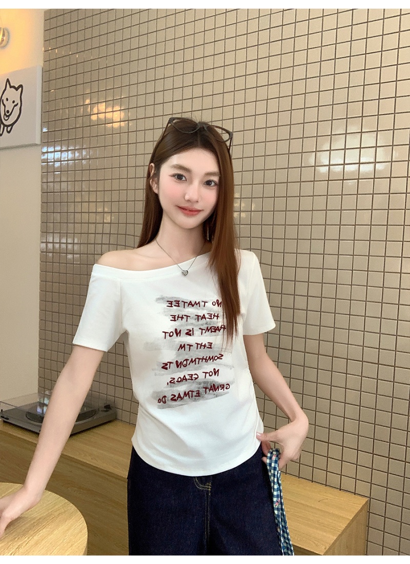 Fold printing letters T-shirt unique slim tops for women