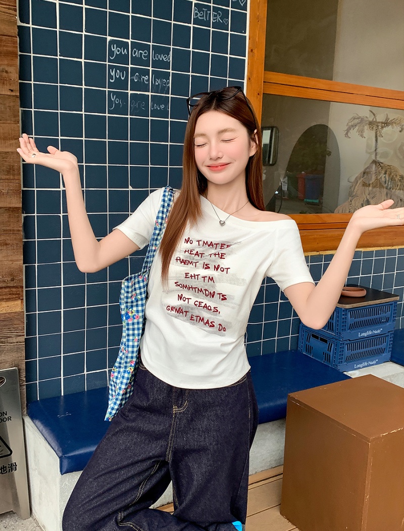 Fold printing letters T-shirt unique slim tops for women