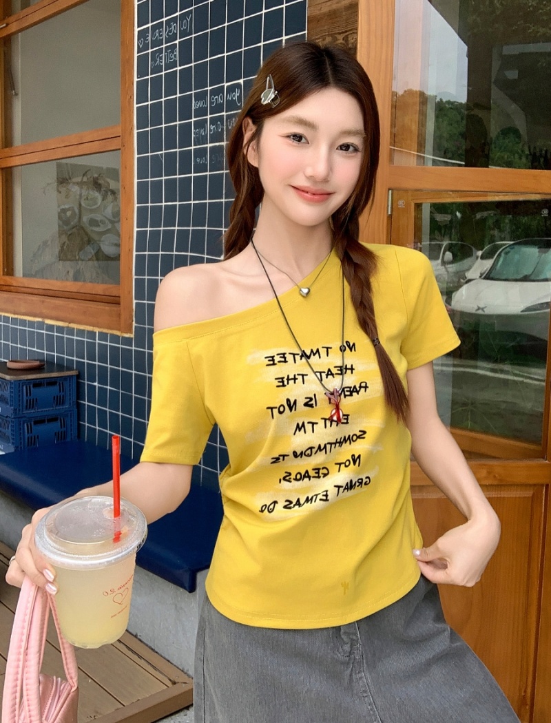 Fold printing letters T-shirt unique slim tops for women