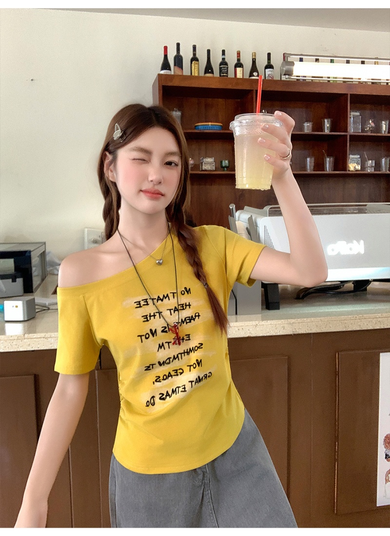 Fold printing letters T-shirt unique slim tops for women
