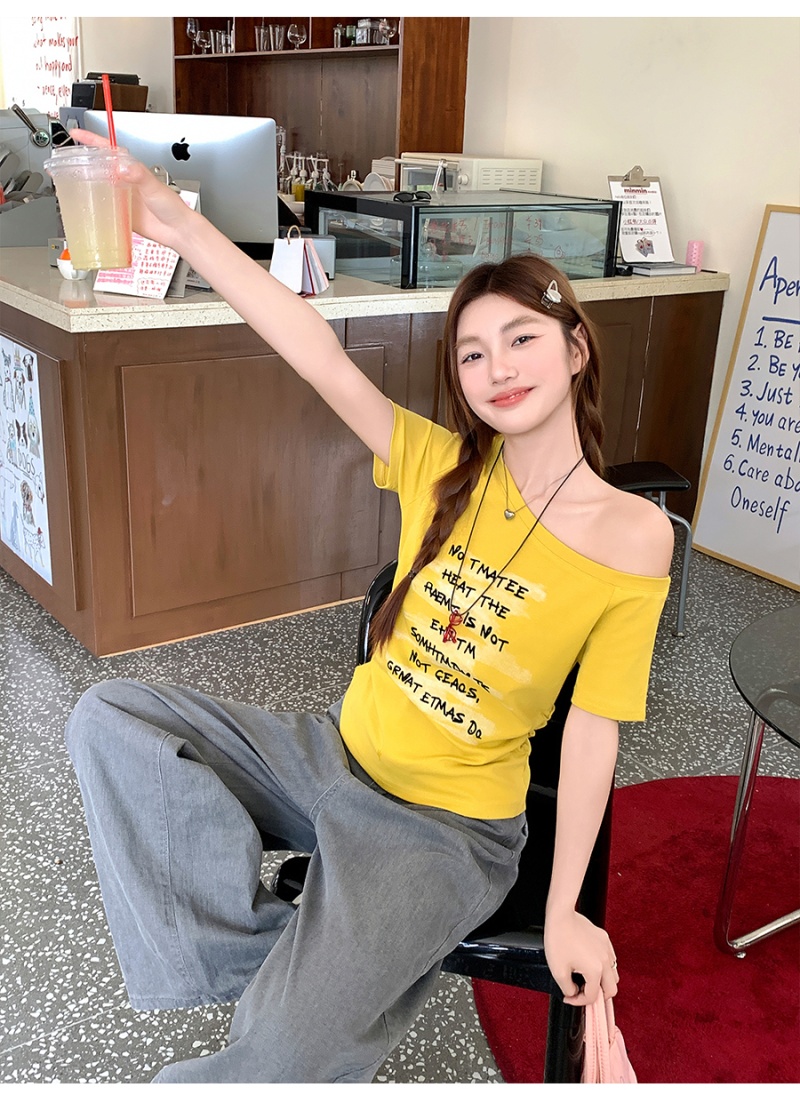 Fold printing letters T-shirt unique slim tops for women