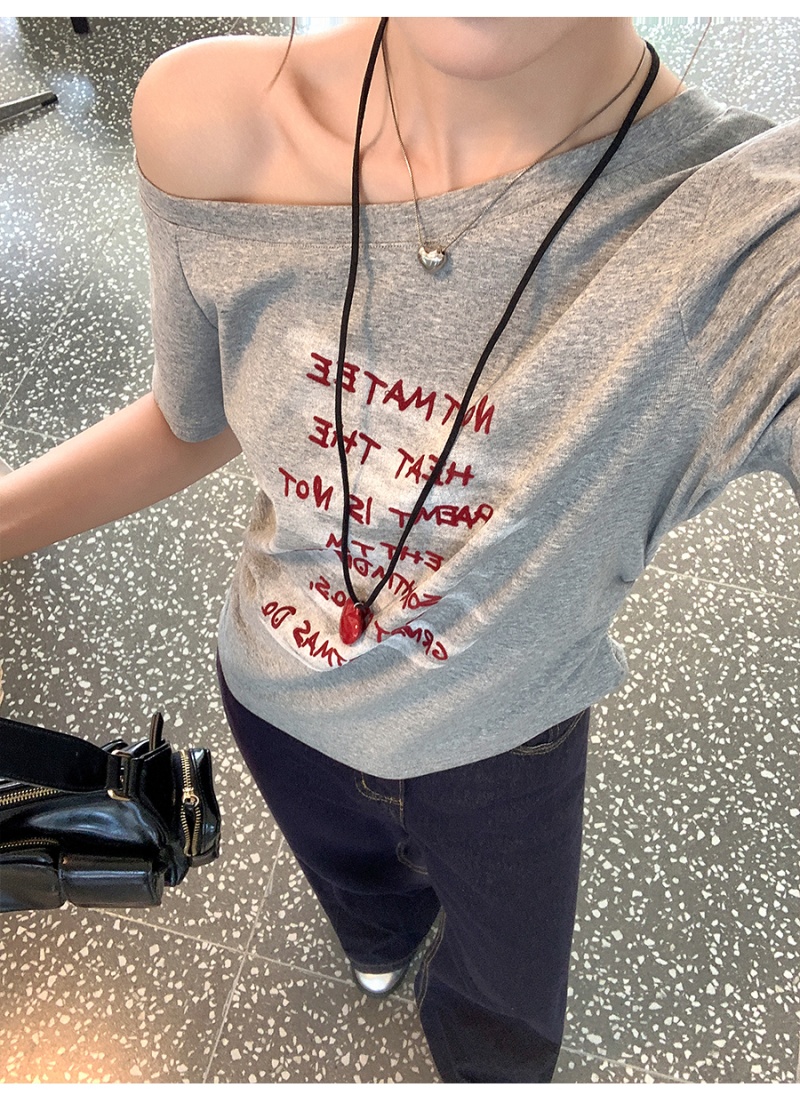 Fold printing letters T-shirt unique slim tops for women