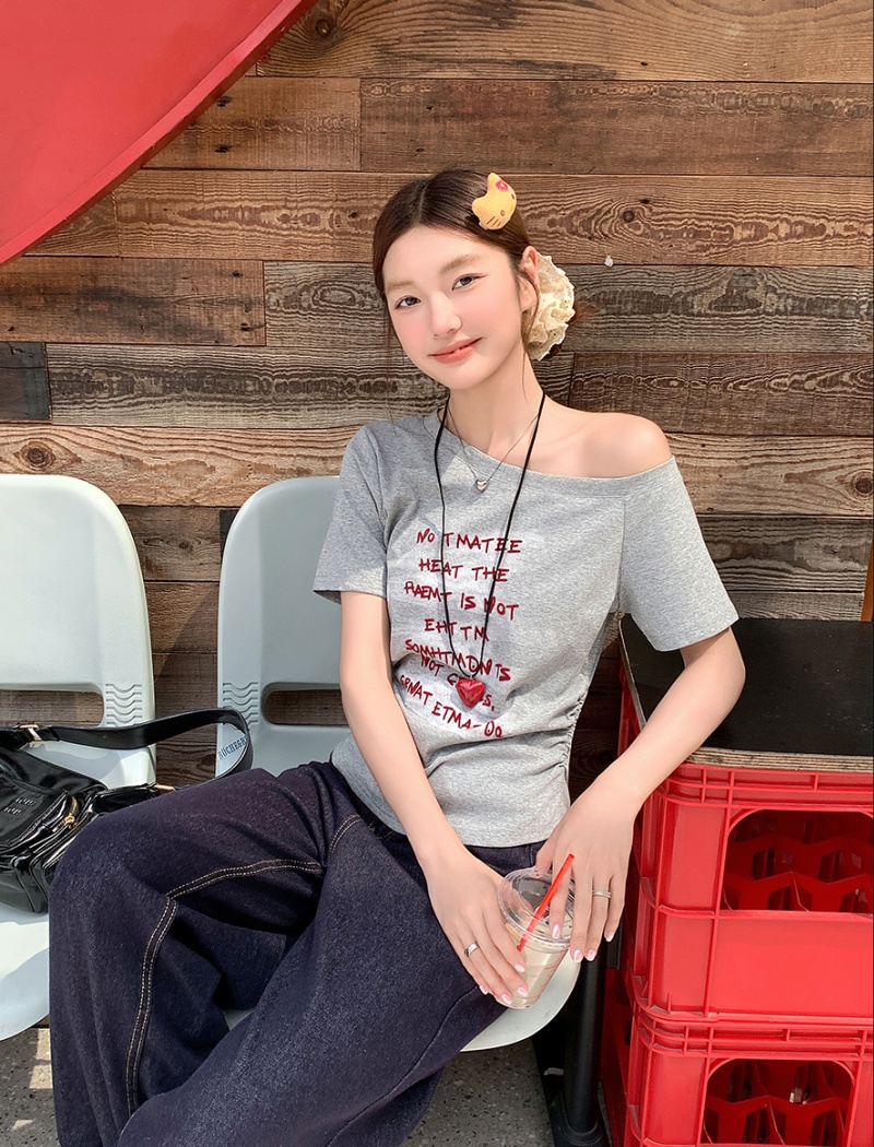 Fold printing letters T-shirt unique slim tops for women