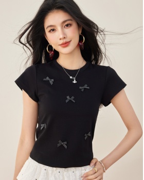 Polka dot summer short sleeve bow splice T-shirt