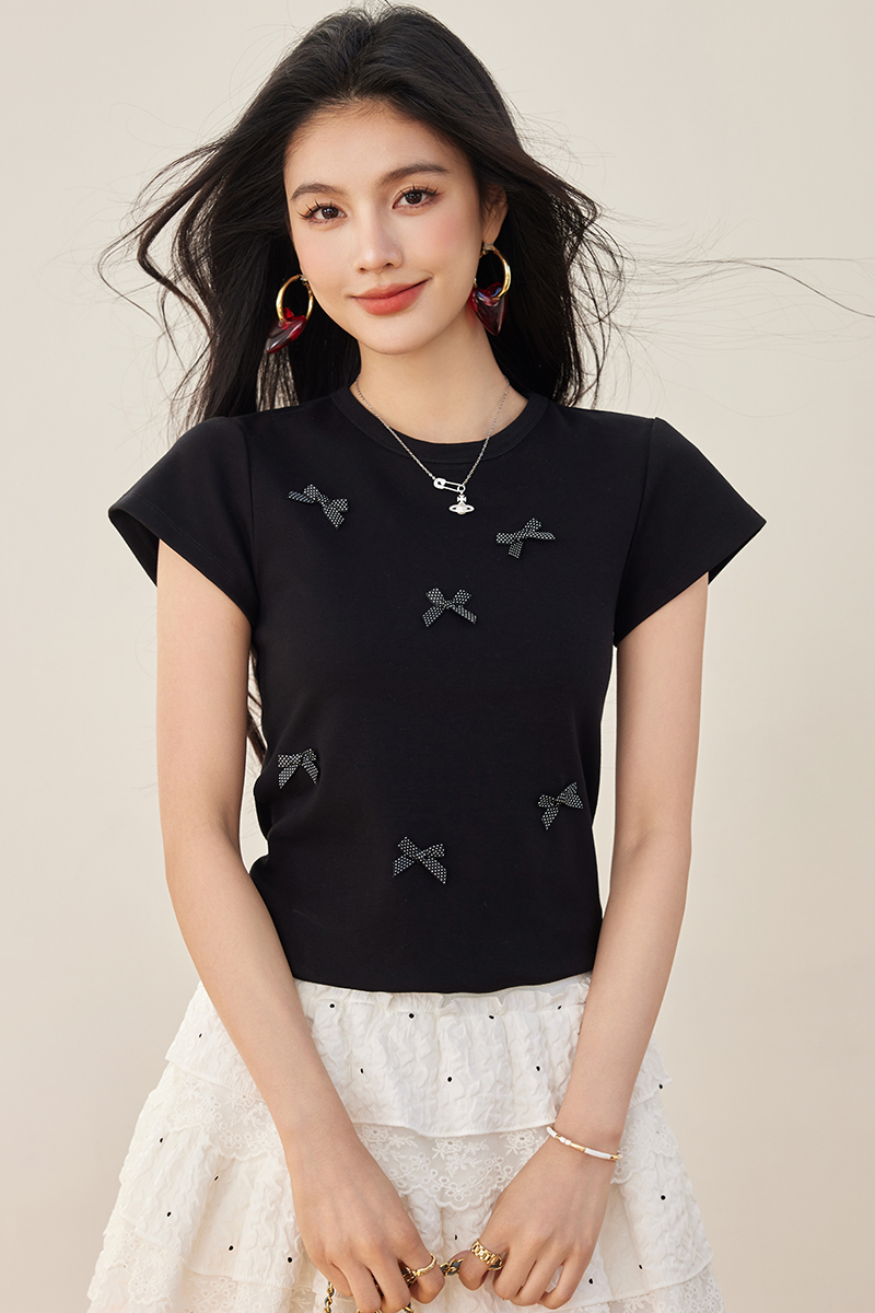 Polka dot summer short sleeve bow splice T-shirt