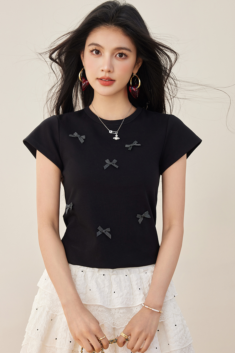 Polka dot summer short sleeve bow splice T-shirt
