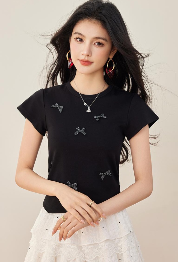 Polka dot summer short sleeve bow splice T-shirt