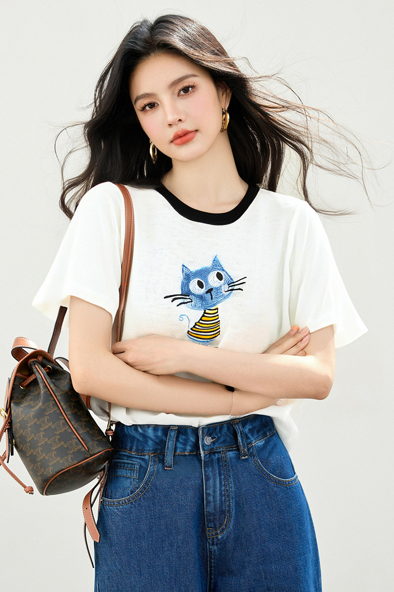 Ice silk Western style tops short sleeve sweater for women