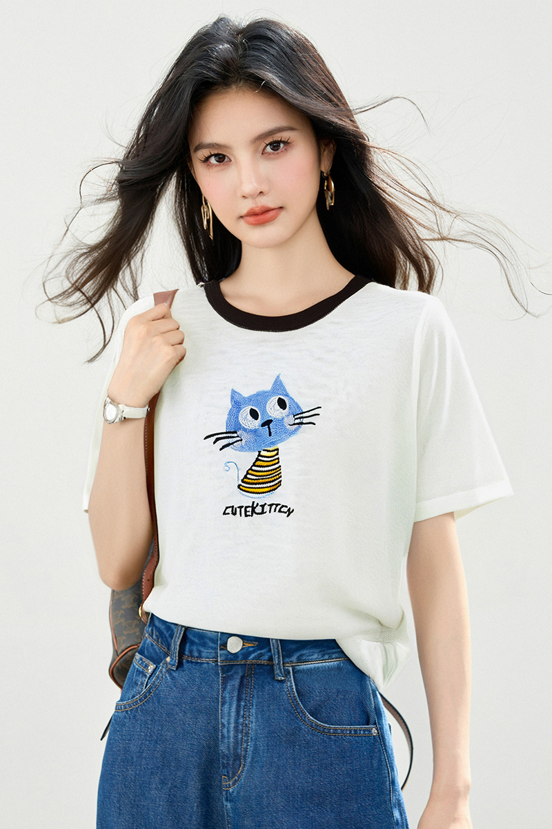Ice silk Western style tops short sleeve sweater for women