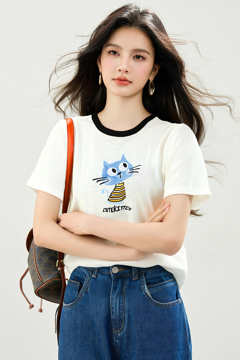 Ice silk Western style tops short sleeve sweater for women