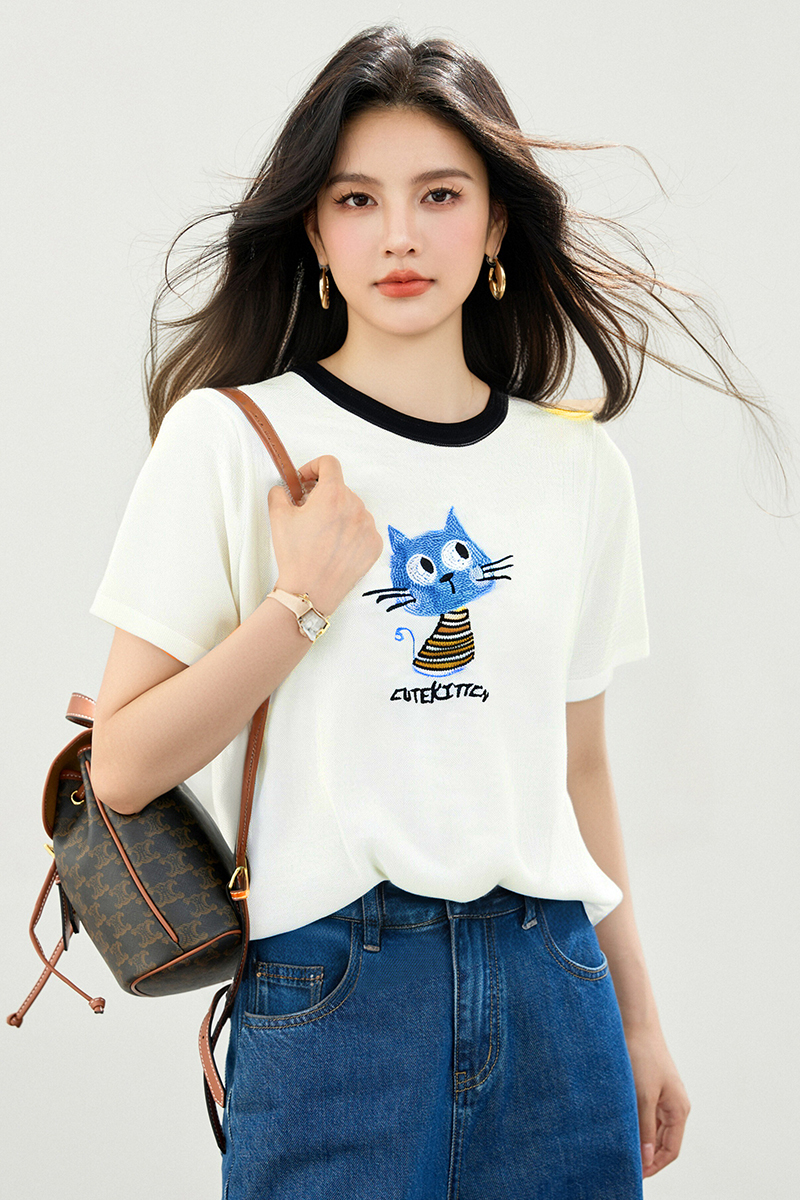 Ice silk Western style tops short sleeve sweater for women