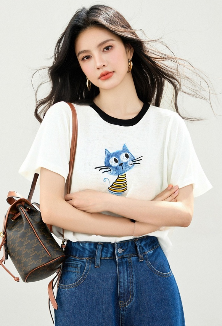 Ice silk Western style tops short sleeve sweater for women