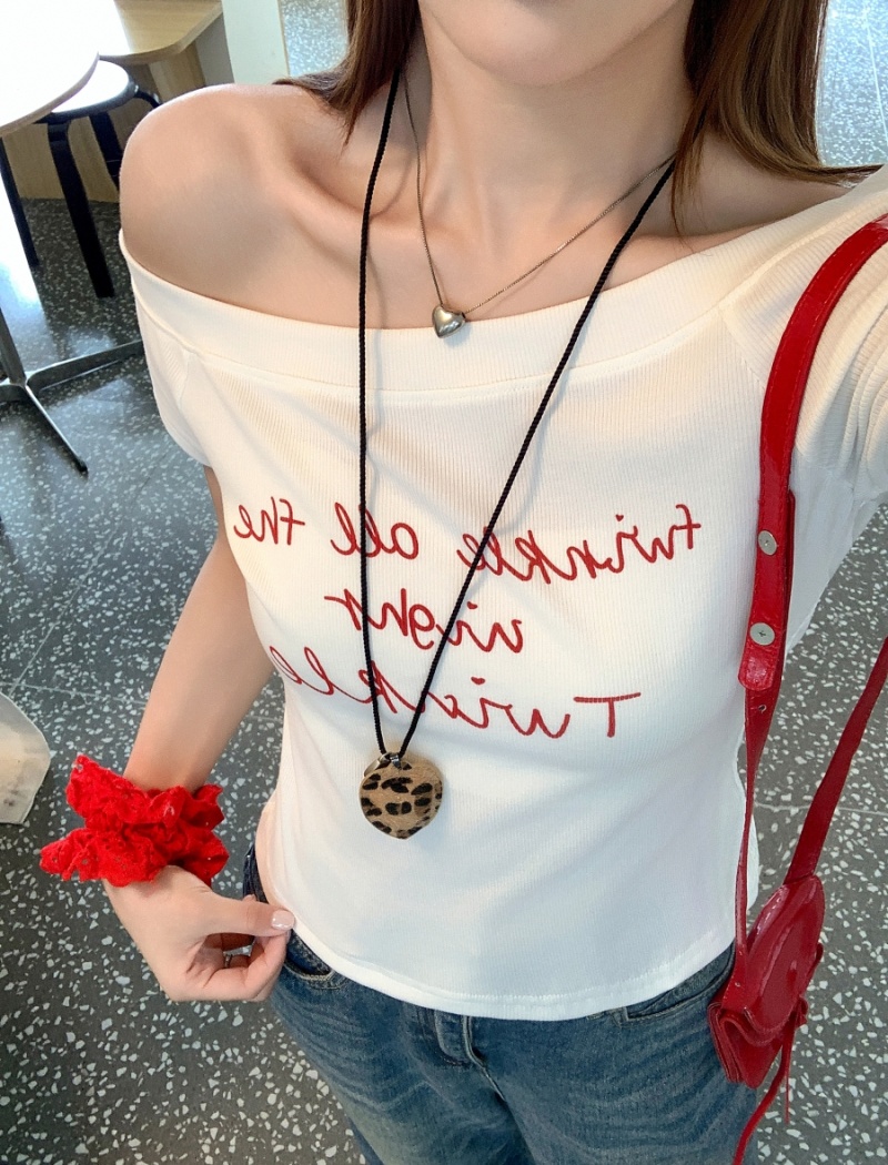 Slim printing tops temperament strapless T-shirt