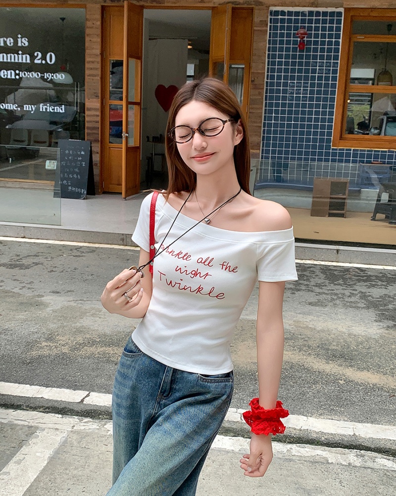 Slim printing tops temperament strapless T-shirt