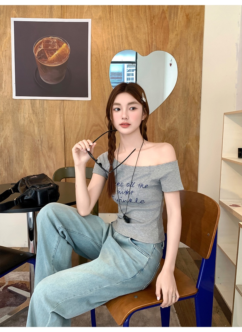 Slim printing tops temperament strapless T-shirt