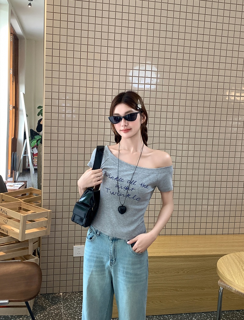 Slim printing tops temperament strapless T-shirt