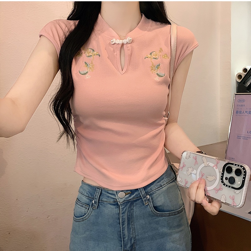 Short hollow tops folds T-shirt for women