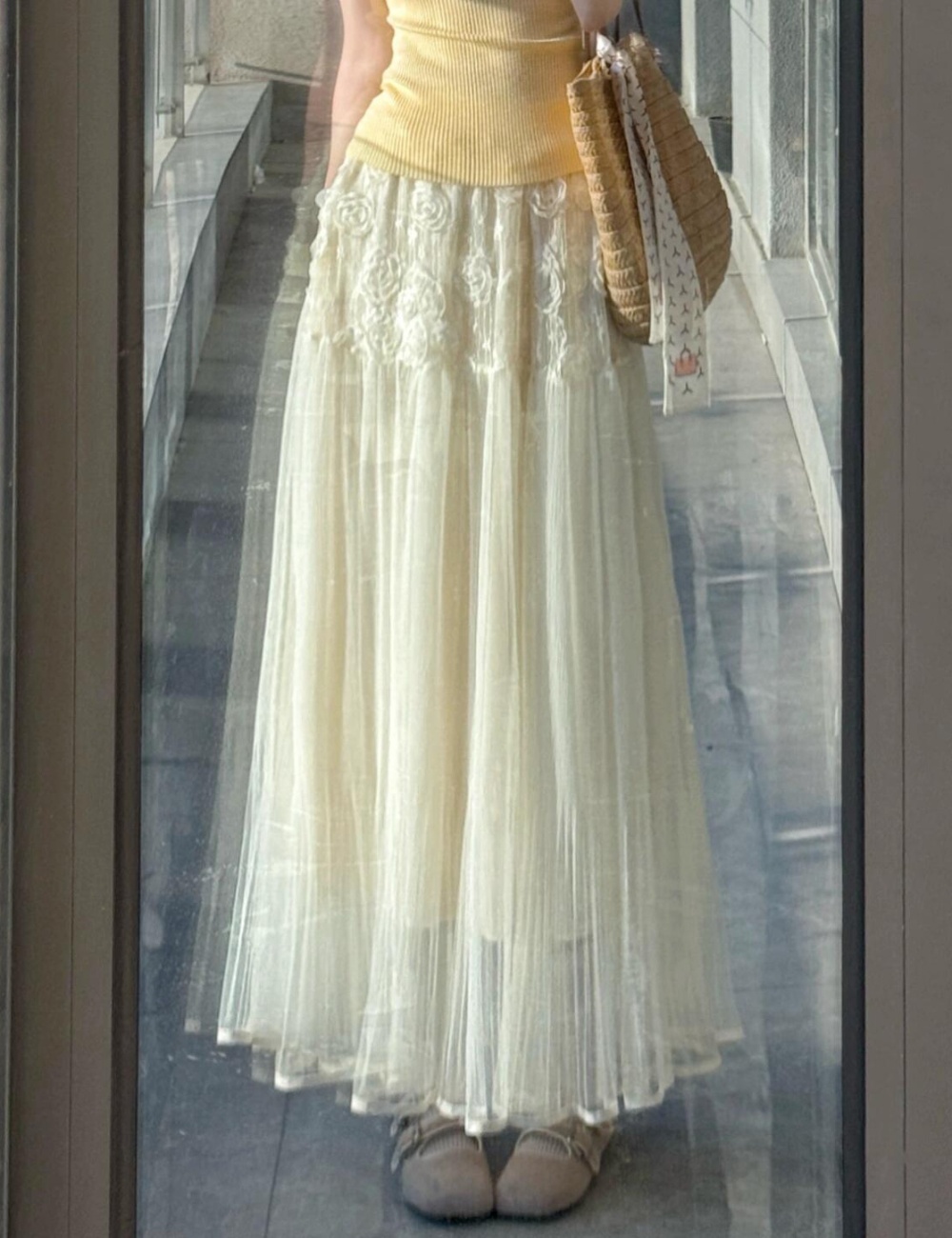 Round neck short sleeve skirt knitted flowers tops a set