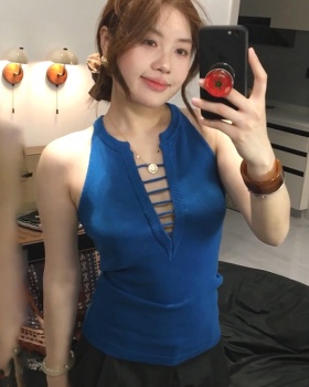 Knitted bandage slim tops summer blue V-neck vest for women