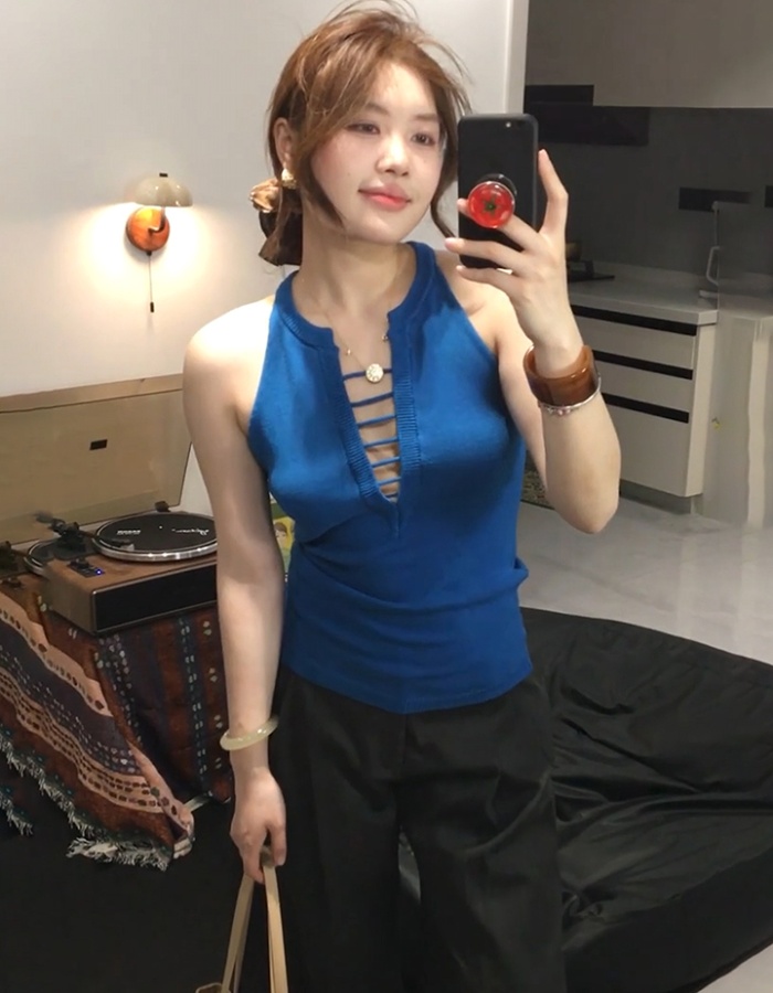 Knitted bandage slim tops summer blue V-neck vest for women