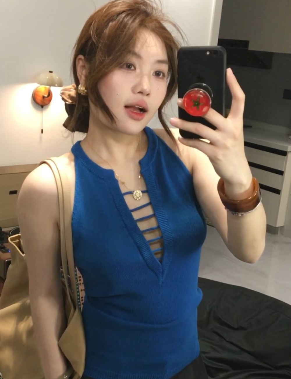 Knitted bandage slim tops summer blue V-neck vest for women