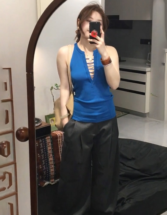 Knitted bandage slim tops summer blue V-neck vest for women