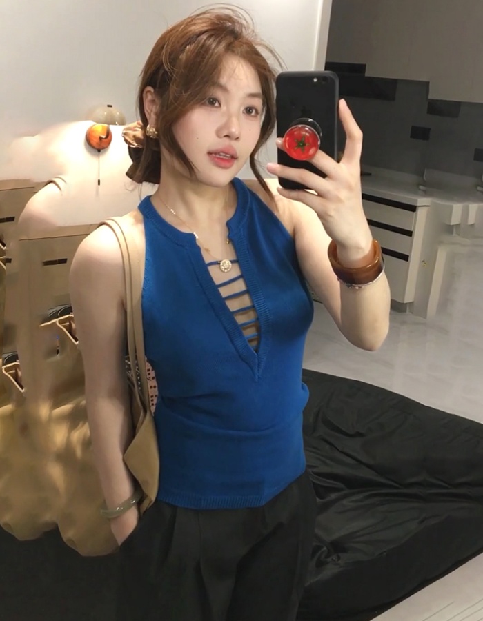 Knitted bandage slim tops summer blue V-neck vest for women