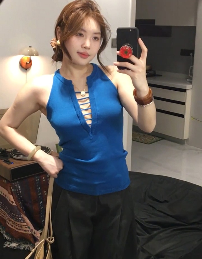 Knitted bandage slim tops summer blue V-neck vest for women